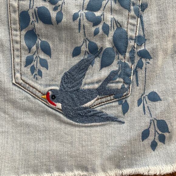 Sears R 1893 Roebuck & Co Distressed Jean Denim Shorts 14 Bird Leaf Embroidered - Picture 3 of 10